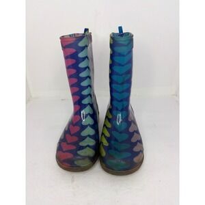 Rain Essentials Kids Heart Print Rain Boots Blue Pink Multi Color Size 11/12
